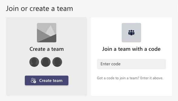 Microsoft Teams Templates - creating a team or joining one with a code