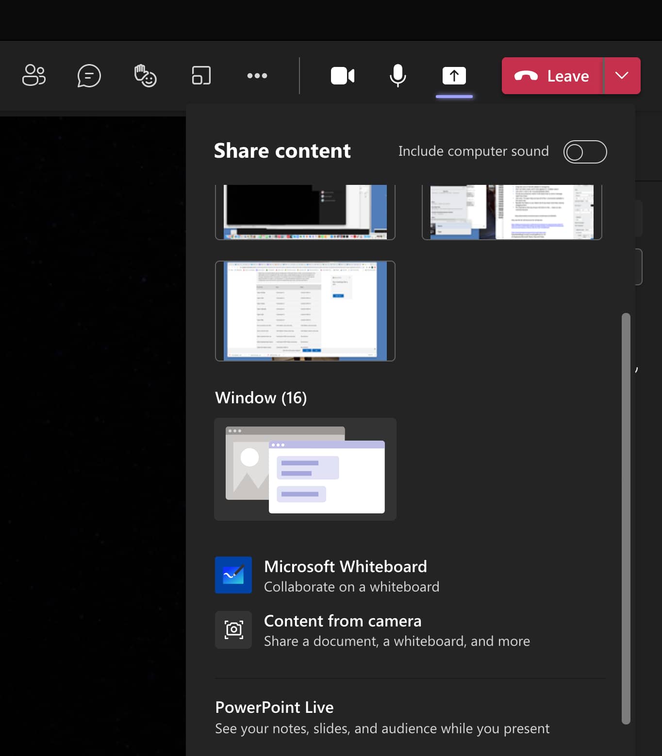 The Microsoft teams share screen or app option The Microsoft teams share screen or app option